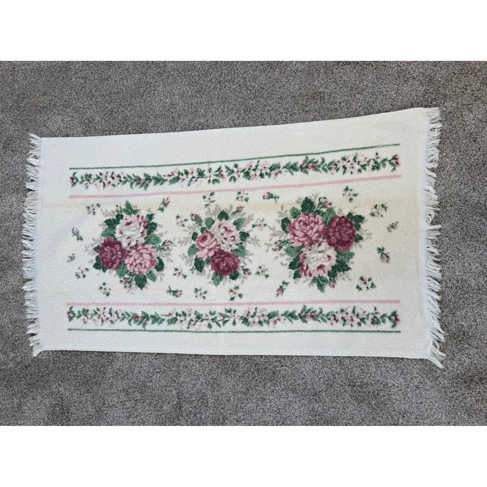 Vintage Franco Floral Rose Towel Set 4pc Pink Burgundy Fringe Made‎ in USA